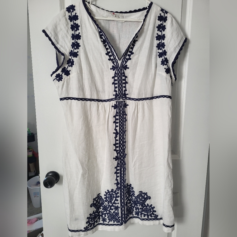 Boden Lien Embroidered White and Blue Dress